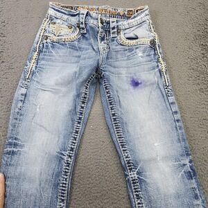 Rock Revival Wilbur Straight Jeans Mens 29x29 Light Wash Blue Denim Distressed